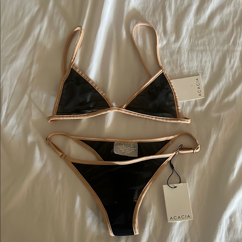 Acacia Swimwear Black Mesh and Tan Triangle Bikini top and bottom